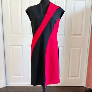 Rinascimento Red and Black Color Block Asymmetrical Collar Dress